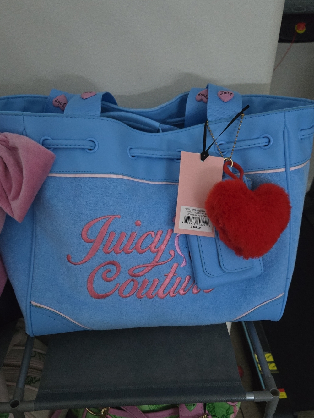 Juicy Couture Light Blue Tote with Red Heart Pom Charm